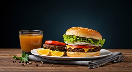 Two burgers with orange juice on a wooden table against a dark background in a studio setting