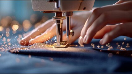 A close-up view of a person's hands as they sew fabric with a sewing machine, highlighting the intricate process of tailoring