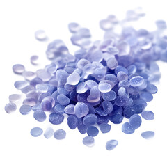 Glimmering wax beads: A close-up shot of a pile of translucent, lavender wax beads, creating a visual texture of serenity and spa-like calm.