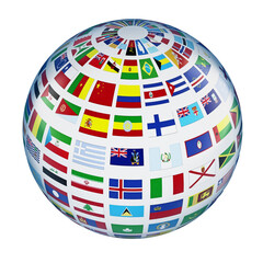 Country flags around the globe on transparent background. 3D illustration