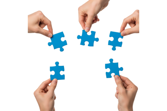 Hands connecting blue puzzle pieces, symbolizing teamwork and solutions isolated on transparent background