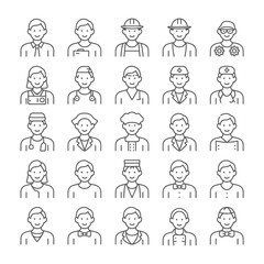 Twenty Five Simple Line Art Icons Depicting Diverse Professionals Wearing Various Uniforms and Attire Including Doctors Nurses Chefs Engineers and Office Workers Against a