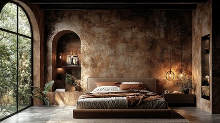 Bedroom interior design with arched window and textured wall