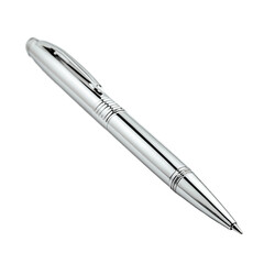 Silver Ballpoint Pen: Elegant chrome pen, professional writing instrument, office supply.