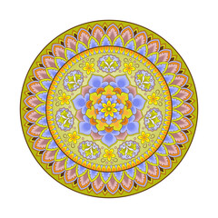 Round floral multicolor pattern, wall or page decoration. Stylized round floral borders. Mandala. 