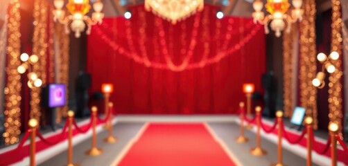 Blurred red carpet backdrop, glittering lights, stylish attire, suit, sophisticated, background