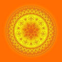 Round floral pattern with emboss and shadow effects, vivid gradient backdrop. Mandala. 