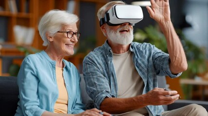 Happy elderly couple explores virtual reality together at home, enjoying a fun digital experience. - Powered by Adobe
