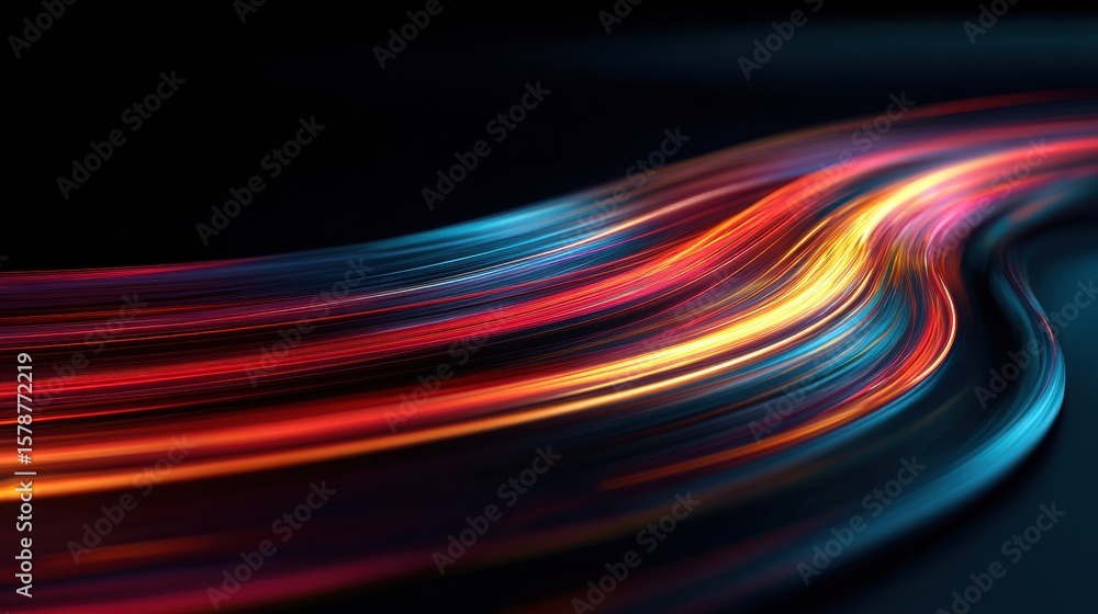 Poster glowing colorful light trails on dark background for abstract and motion graphics use