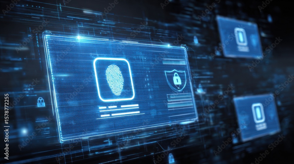 Poster digital shield representing cybersecurity concept with lock symbol against dark background
