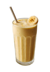 a tall glass of creamy banana smoothie on transparent background