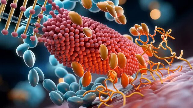 A detailed 3d illustration of dna and protein structures in a scientific representation.