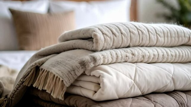 Stacked blankets and a quilted throw folded neatly on the end of a bed with white bedding and a headboard in the background.