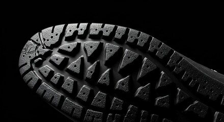 A closeup showcases the textured sole of a dark shoe, emphasizing its grip and durable rubber design on a black backdrop.