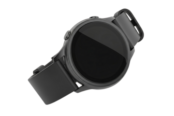 A modern black smartwatch with a round display isolated on white isolated on transparent background