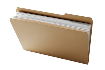 A manila file folder with documents isolated on transparent background