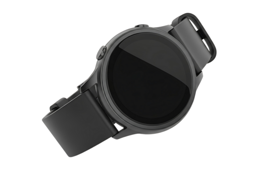 A modern black smartwatch with a round display isolated on white isolated on transparent background