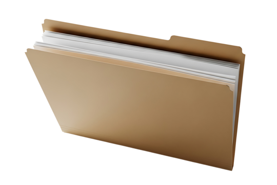A manila file folder with documents isolated on transparent background