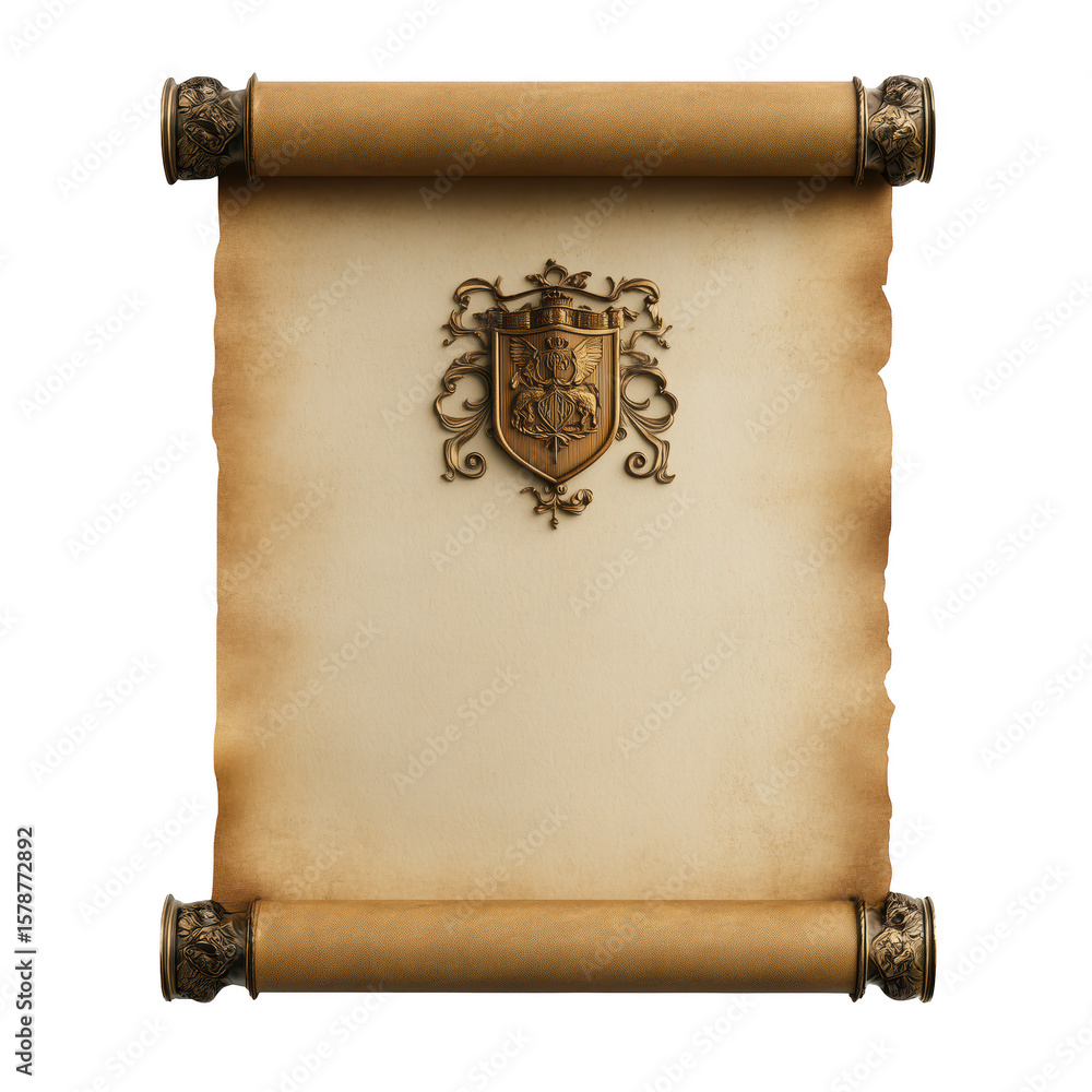 Poster ancient scroll with emblem: an ancient scroll, its aged paper unfurling to reveal a blank space perf