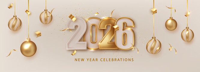 2026 Happy New Year Greeting Banner. Christmas Holiday Dark Banner with Golden numbers date 2026 on Dark Festive Background