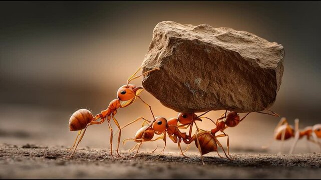A group of ants working together to carry a rock, demonstrating teamwork and cooperation