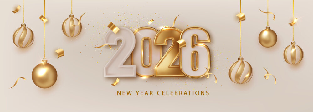 2026 Happy New Year Greeting Banner. Christmas Holiday Dark Banner with Golden numbers date 2026 on Dark Festive Background
