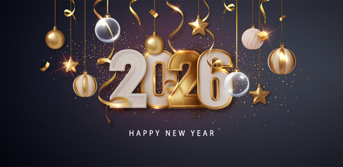 Happy new year 2026. Festive design with Christmas decorations, balls, streamers and garlands © Ann_Sereda