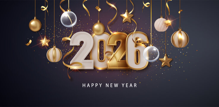 Happy new year 2026. Festive design with Christmas decorations, balls, streamers and garlands