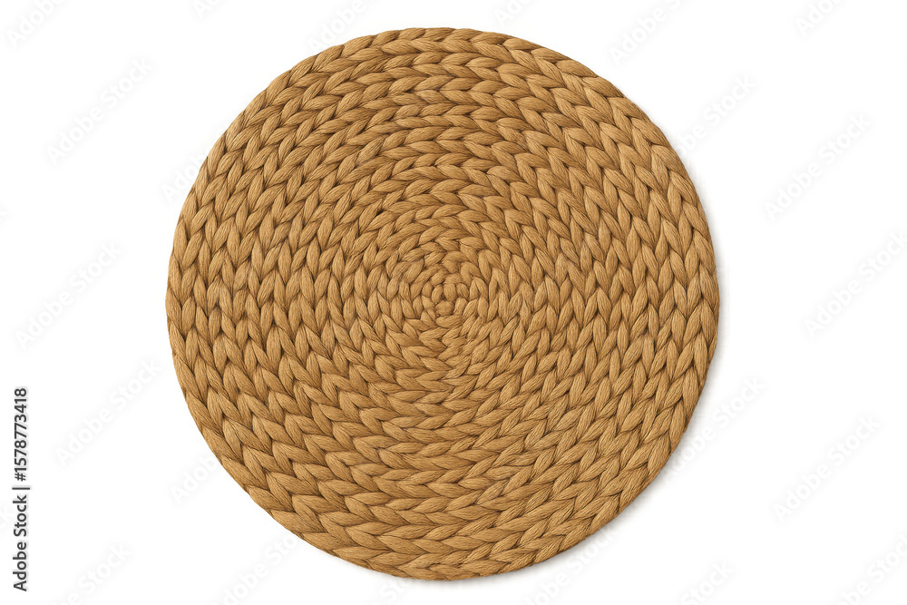 Poster circular woven placemat displaying intricate spiral pattern, highlighting natural texture against tr