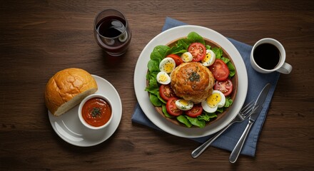 Close up shot of a salad with eggs and tomatoes next to a bun and red wine on a wooden table