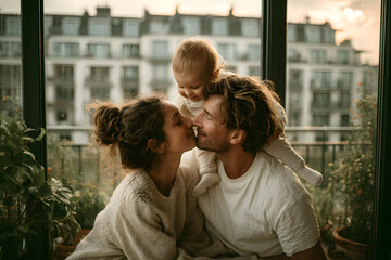 Fototapeta premium Loving family moment with a joyful couple kissing while their baby sits on their shoulders, in a cozy home setting.