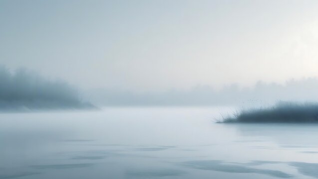 Misty morning over frozen lake with bare trees and reeds