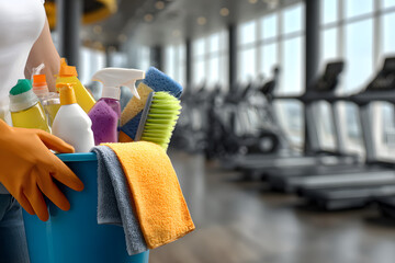 Close-up of a person holding a cleaning bucket full of supplies in a gym, representing hygiene, sanitation, and cleanliness in a public fitness environment.
