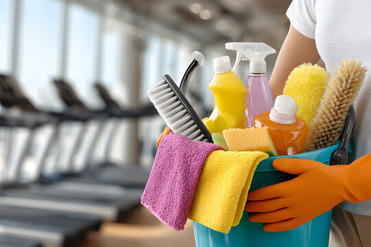 Close-up of a person holding a cleaning bucket full of supplies in a gym, representing hygiene, sanitation, and cleanliness in a public fitness environment.
