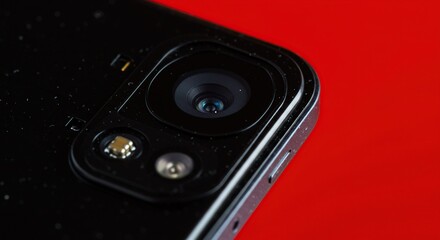 Fototapeta premium Close up shot showcasing the detailed lens and construction of a modern black smartphone camera on red background.