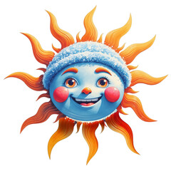 Illustration of a cheerful, smiling winter sun, with ruddy cheeks and a cap of snow on his head.