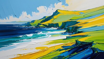 Vibrant impasto painting of a coastal landscape with rolling green hills and blue ocean