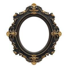 Ornate Frame's Vintage Allure: A detailed shot showcases a vintage oval frame, a classic of design, with intricate carvings and a striking gold and black color palette, isolated.