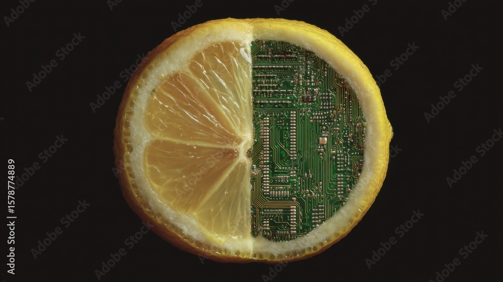 Aufkleber conceptual still life of a half lemon featuring a digital circuit texture on the inner side