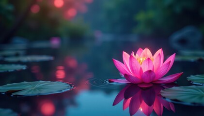 Glowing aurora wisps dance in shimmering water pool surrounded by lotus flowers , aquatic, aurora, wisps