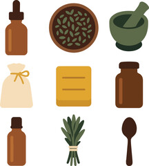A minimalist flat vector illustration of 9 home apothecary essentials. Items include dropper bottle, herb bundle, muslin bag, beeswax. Perfect for wellness, herbal, or eco-friendly design.