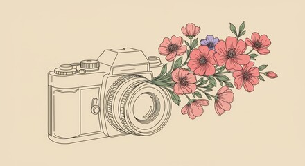 Camera with Floral Lens: Minimalist Art Combining Nature and Technology