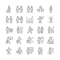 Fototapeta premium Collection of Thirty Black Linear Icons Depicting Business People Teamwork Collaboration Presentations Growth Strategy and Success