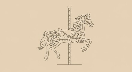 Minimalist Carousel Horse Line Art with Floral Accents