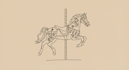 Minimalistic Carousel Horse Line Art with Floral Accents