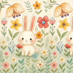 Cute rabbit bunny in blooming flower garden cartoon