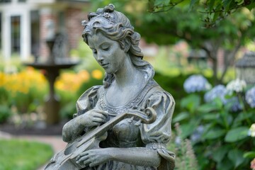 Serene stone statue of a young woman playing a stringed instrument, adding a touch of elegance to a vibrant garden setting with a fountain and colorful flowers