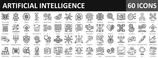 Artificial Intelligence icons set in a line-art. AI technology icons for web and mobile app. Machine learning, digital AI technology, algorithm, smart robotic, cloud computing network