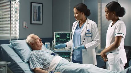 Doctor and nurse treating elderly patient in hospital setting, focusing on medical care, compassion, and teamwork in a modern clinical environment with advanced monitoring equipment. - Powered by Adobe