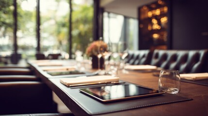 Stylish dining table setup in modern restaurant with elegant decor and digital tablet for menu display